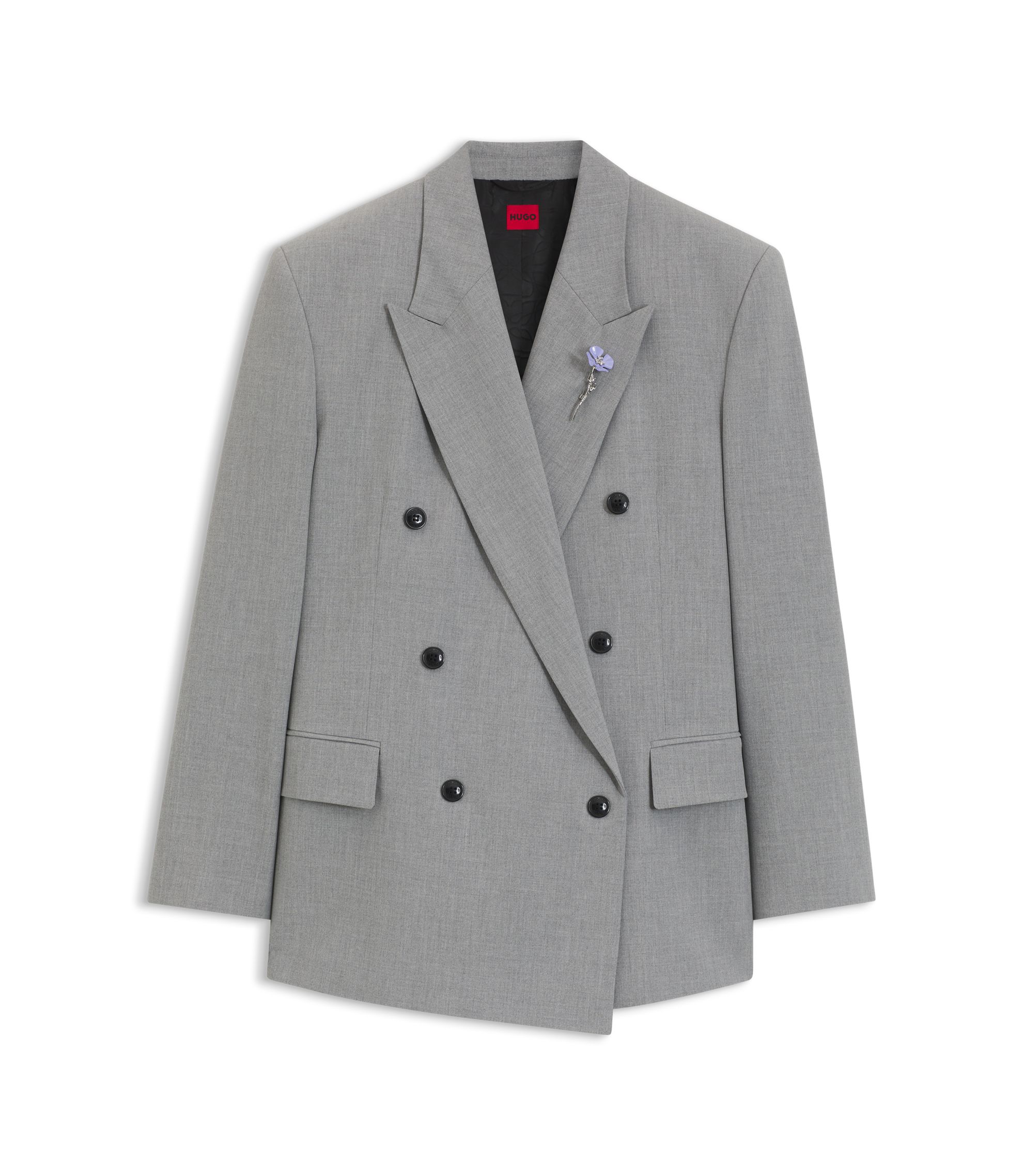 HUGO - Relaxed-fit blazer with enamel flower brooch - Light Grey