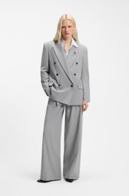 Relaxed-fit blazer with enamel flower brooch, Light Grey