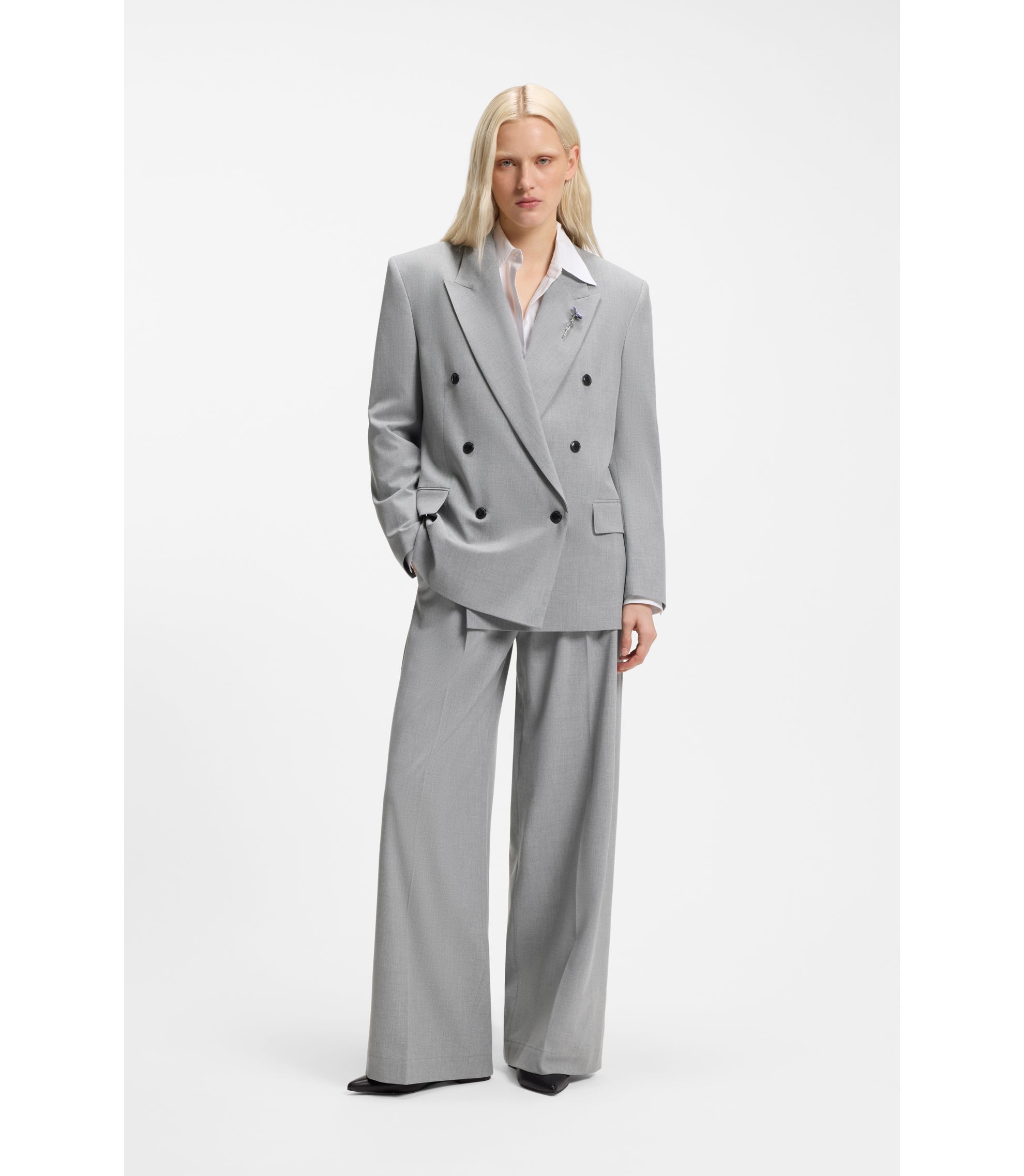 HUGO - Relaxed-fit blazer with enamel flower brooch - Light Grey