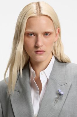 Relaxed-fit blazer with enamel flower brooch, Light Grey