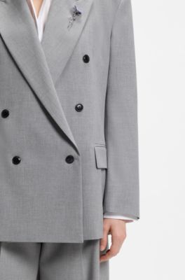 Relaxed-fit blazer with enamel flower brooch, Light Grey