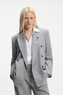 Relaxed-fit blazer with enamel flower brooch, Light Grey