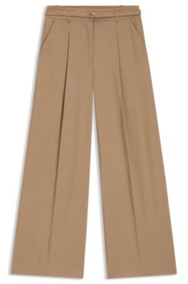 Buckled-belt trousers with pleat front, Beige