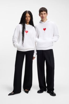 Prenda con capucha unisex de felpa de algod&oacute;n con ilustraci&oacute;n de coraz&oacute;n de origami, Blanco