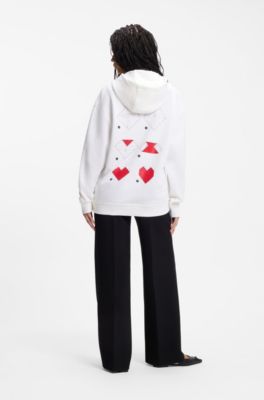 All-gender Cotton-terry hoodie with origami-heart artwork, White
