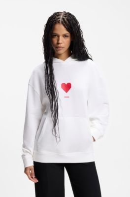 All-gender Cotton-terry hoodie with origami-heart artwork, White