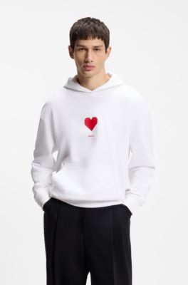 All-gender Cotton-terry hoodie with origami-heart artwork, White