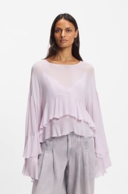 Blusa relaxed fit con volantes en sirsaca de crep&eacute; georgette, Luz p&uacute;rpura
