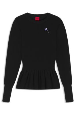 Pull en coton avec broche &agrave; fleurs amovible, Noir