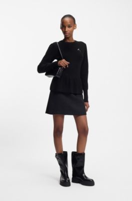 Cotton sweater with detachable floral brooch, Black