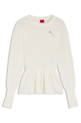 Cotton sweater with detachable floral brooch, White