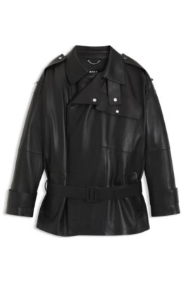 Gabardina corta relaxed fit de piel, Negro