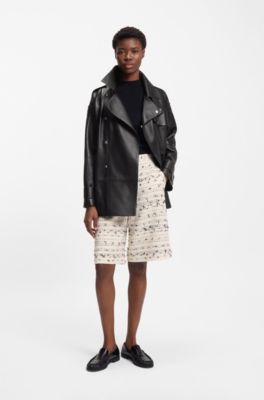Gabardina corta relaxed fit de piel, Negro