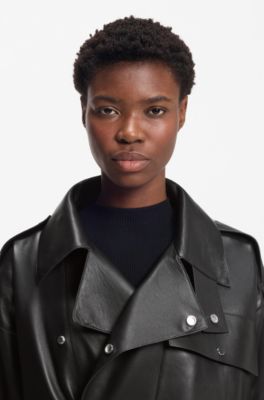 Trench court Relaxed en cuir, Noir