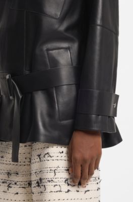 Gabardina corta relaxed fit de piel, Negro