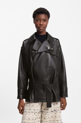 Gabardina corta relaxed fit de piel, Negro