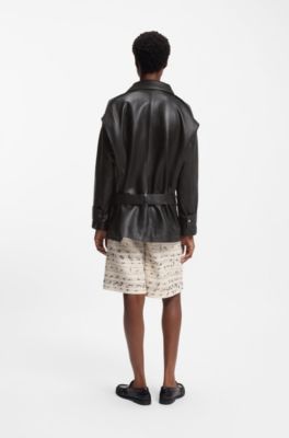 Short trench coat in leather, Black