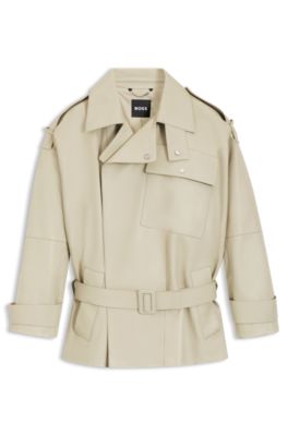 Gabardina corta relaxed fit de piel, Beige claro