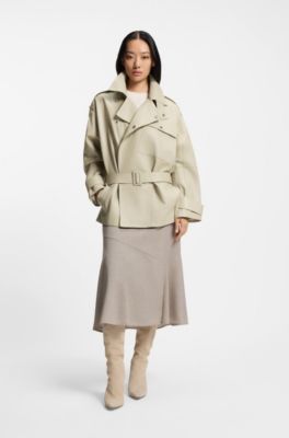 Short trench coat in leather, Light Beige