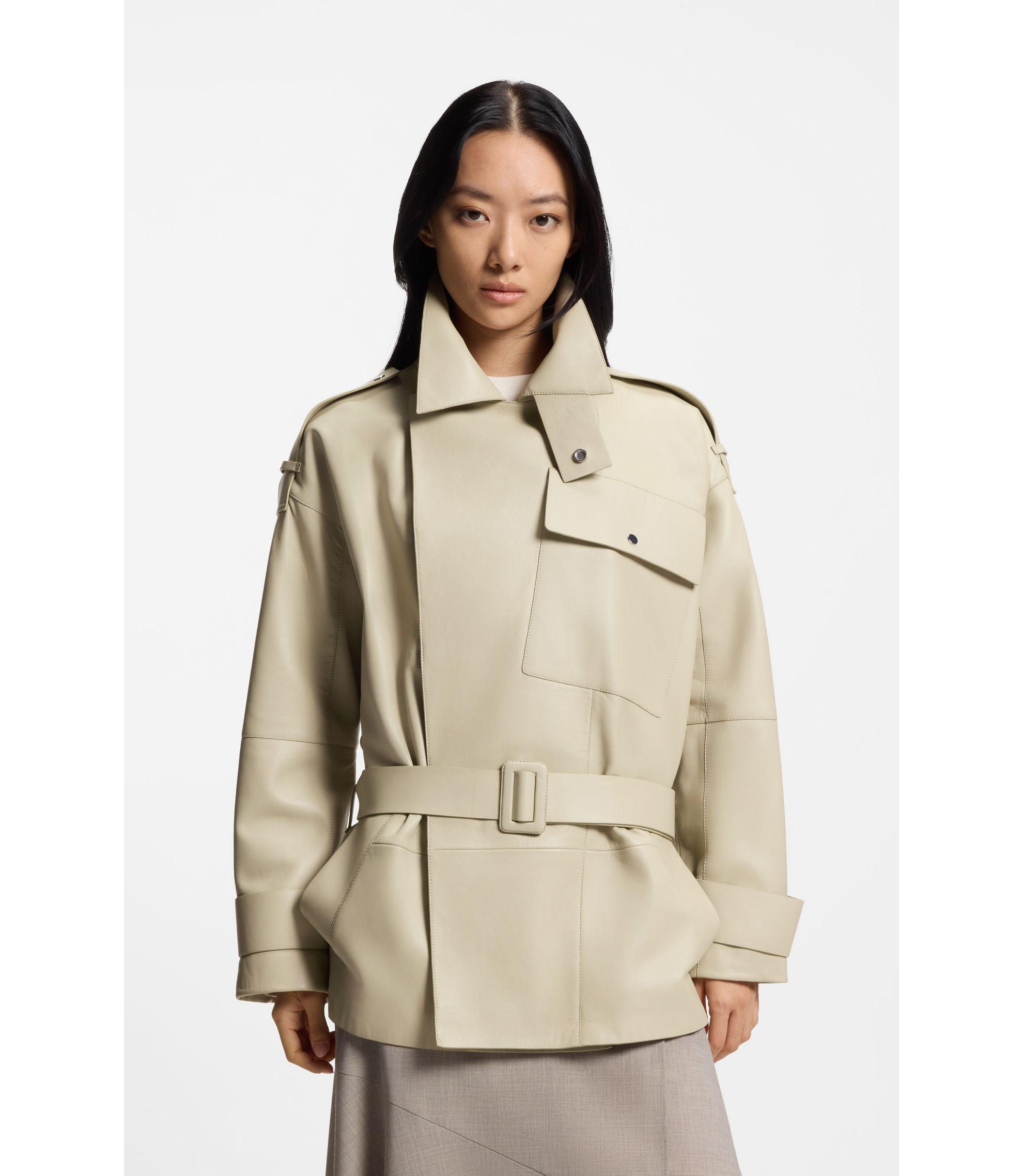 BOSS - Short trench coat in leather - Light Beige