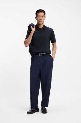 Polo en coton m&eacute;lang&eacute; avec sous-patte de boutonnage &agrave; monogrammes, Bleu fonc&eacute;