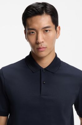 Monogram-placket polo shirt in a cotton blend, Dark Blue