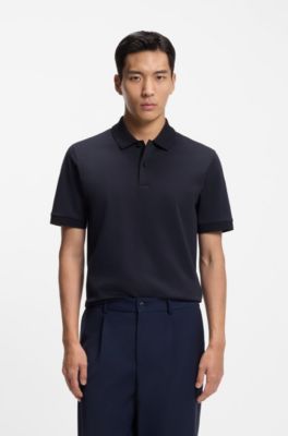 Monogram-placket polo shirt in a cotton blend, Dark Blue
