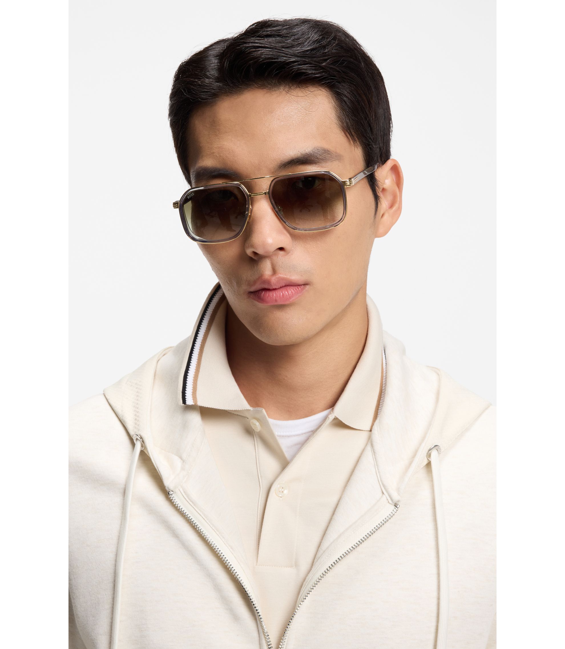 BOSS - Zip-up hoodie with monogram hood - White
