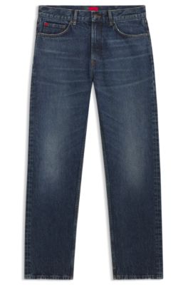 Blue regular-fit jeans in vintage-wash denim, Dark Blue