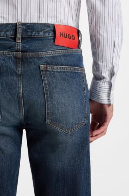 Blue regular-fit jeans in vintage-wash denim, Dark Blue