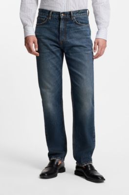 Blue regular-fit jeans in vintage-wash denim, Dark Blue
