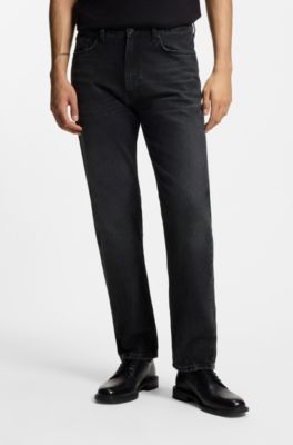 Grey regular-fit jeans in vintage-wash denim, Dark Grey