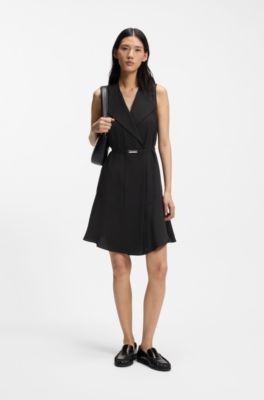Crepe wrap dress with belt, Black