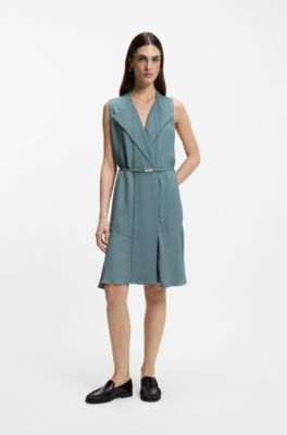 Crepe wrap dress with belt, Blue