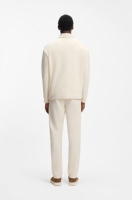 Sweat en coton m&eacute;lang&eacute; peau de p&ecirc;che &agrave; encolure zipp&eacute;e, Blanc