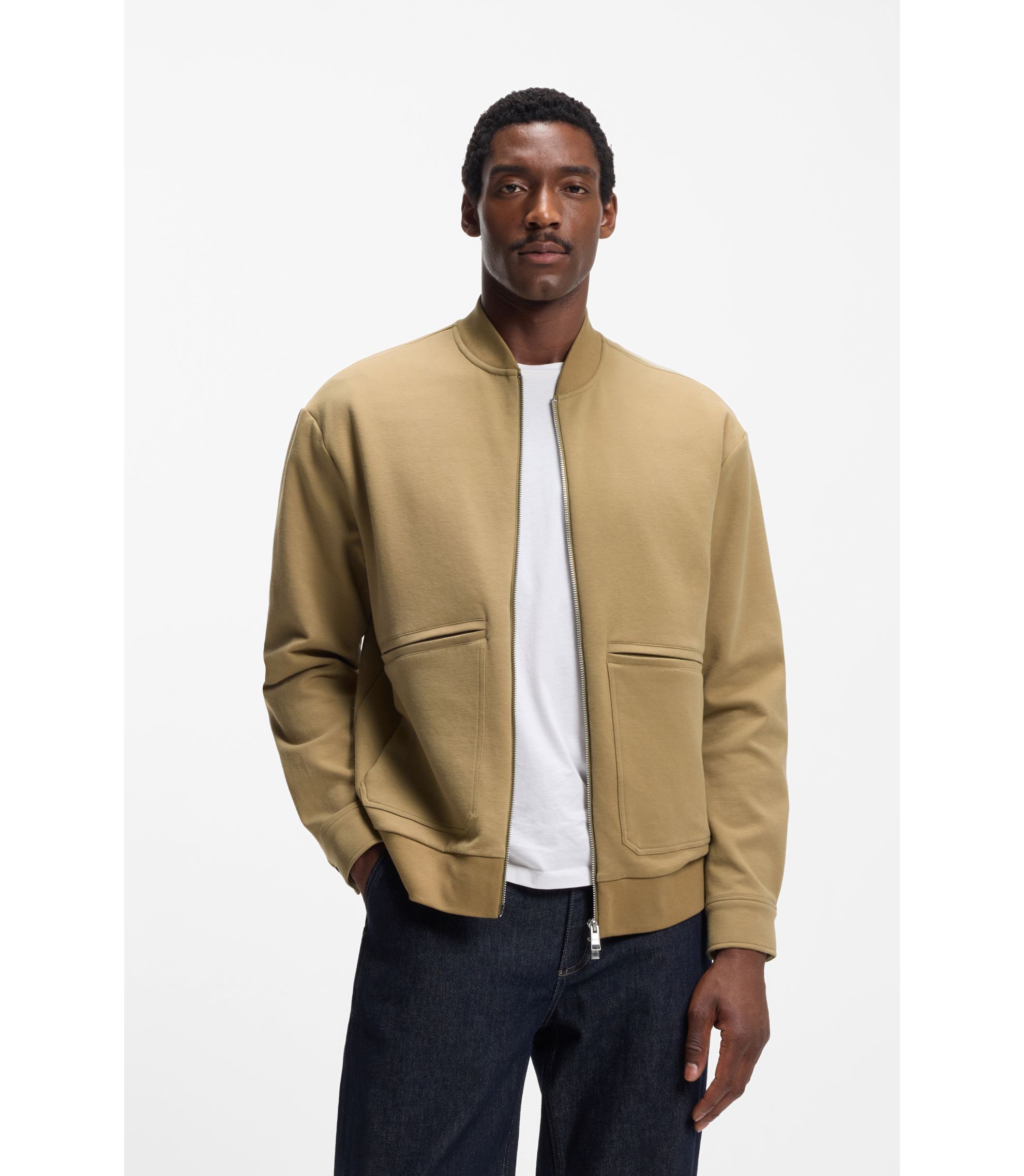 BOSS - Zip-up sweatshirt in a peached cotton blend - Khaki
