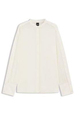 Blusa regular fit en seda lavada a la arena con pu&ntilde;os ajustables, Blanco