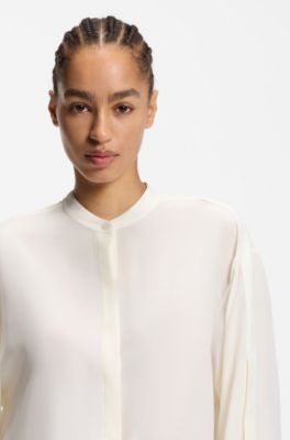 Blusa regular fit en seda lavada a la arena con pu&ntilde;os ajustables, Blanco