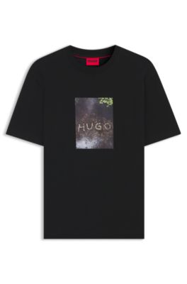 Camiseta de punto de algod&oacute;n con aplique estampado, Negro