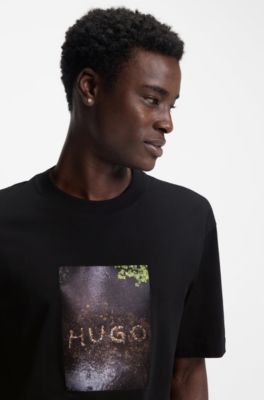 Camiseta de punto de algod&oacute;n con aplique estampado, Negro