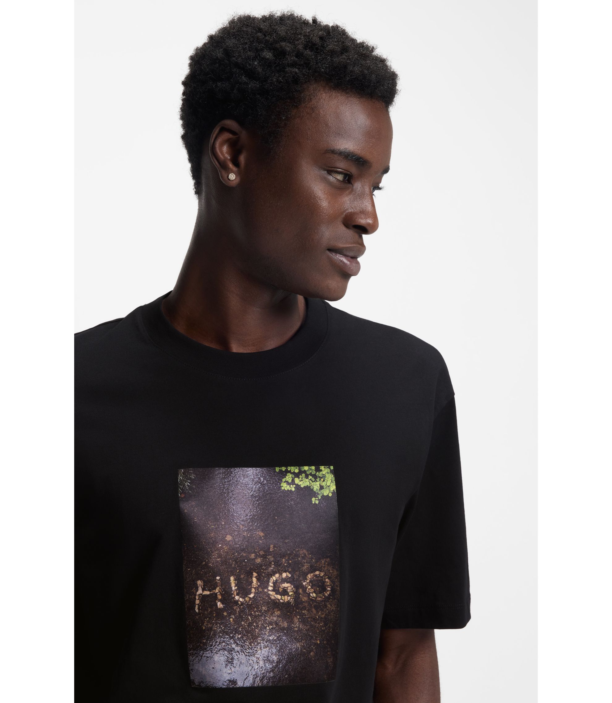 HUGO - Appliqué-print T-shirt in cotton jersey - Black