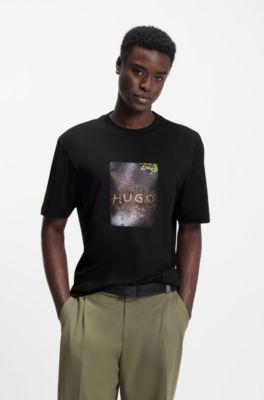 T-shirt en jersey de coton avec imprim&eacute; appliqu&eacute;, Noir