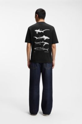 Camiseta de punto de algod&oacute;n con ilustraci&oacute;n marina, Negro