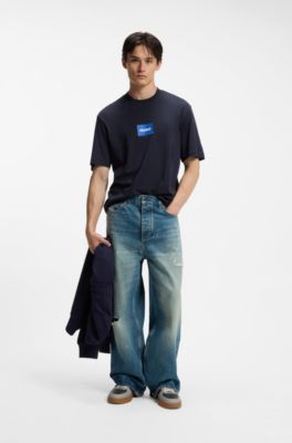 Camiseta de punto de algod&oacute;n con logo estampado, Azul oscuro