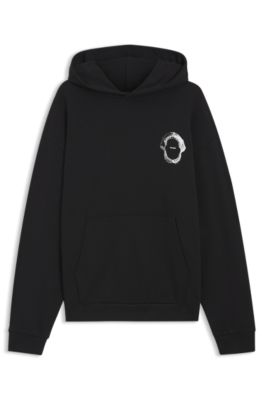 Marine-artwork hoodie in cotton terry, Black