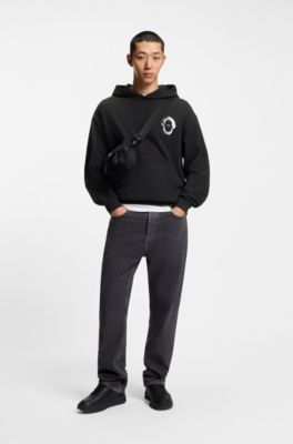 Marine-artwork hoodie in cotton terry, Black