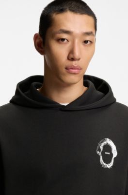 Marine-artwork hoodie in cotton terry, Black