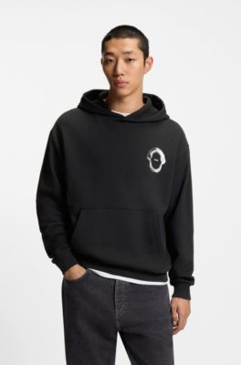 Marine-artwork hoodie in cotton terry, Black