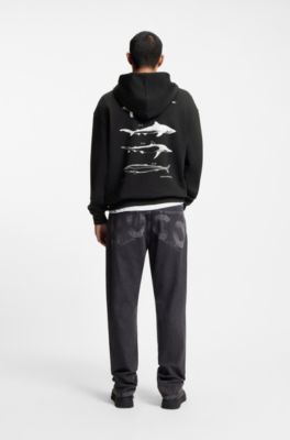 Marine-artwork hoodie in cotton terry, Black