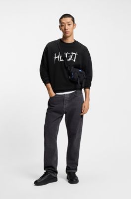 Sudadera de felpa de algod&oacute;n con ilustraci&oacute;n de logo, Negro